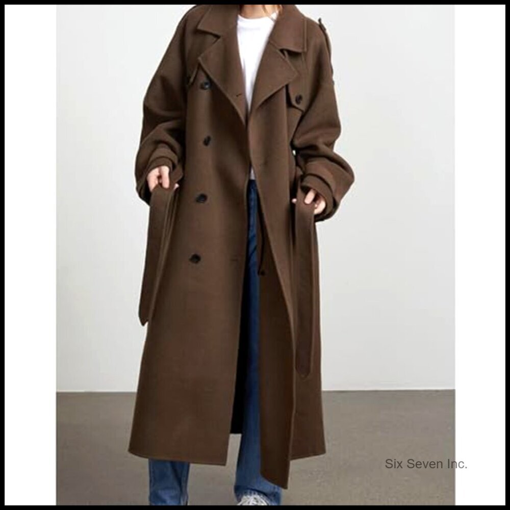 Wool Blend Trench Coat Double Breasted Belted Maxi Length Winter Warm - Picture 2 of 5